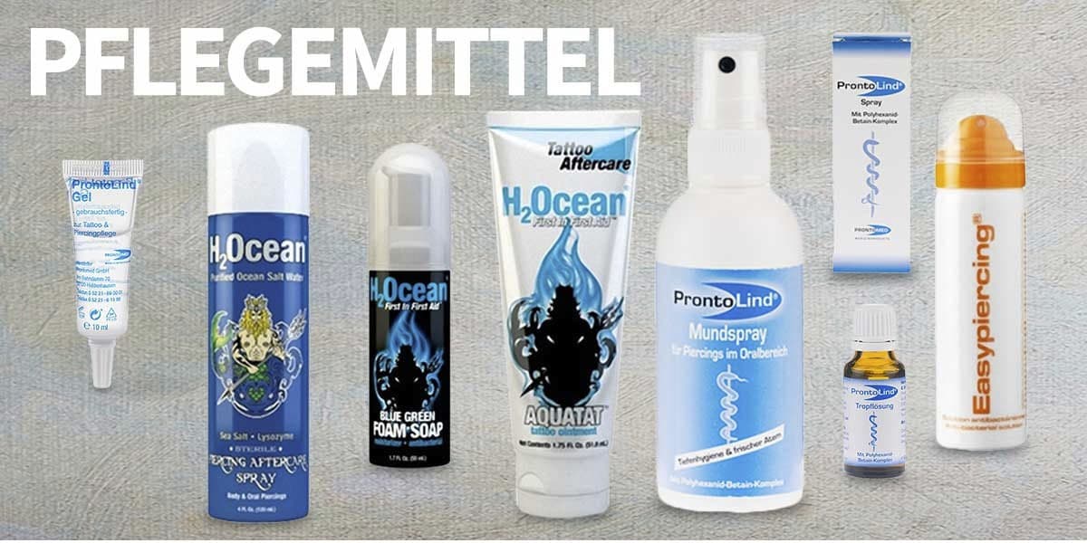 Komplettes Pflegemittel-Programm für Piercing-Pflege ✓ Spray ✓ Creme ✓ Schaum ✓ Antibakteriell ✓ Auch Tattoo-Reinigung und Creme ✓ Sehr günstig!