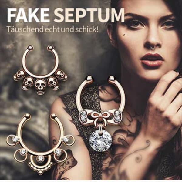 Fake Septum Piercing sehr günstig ✓ Mit Totenköpfen ✓ Als hängendes Schild ✓ Strass-Kristalle ✓ Trendige Fake-Septum ✓ Top Qualität