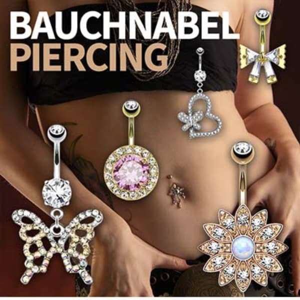 Stilvolle Bauchnabelpiercings auch hochwertigem Gelbgold oder Weißgold. Die eingefassten Kristalle sorgen für einen dezenten Akzent.
