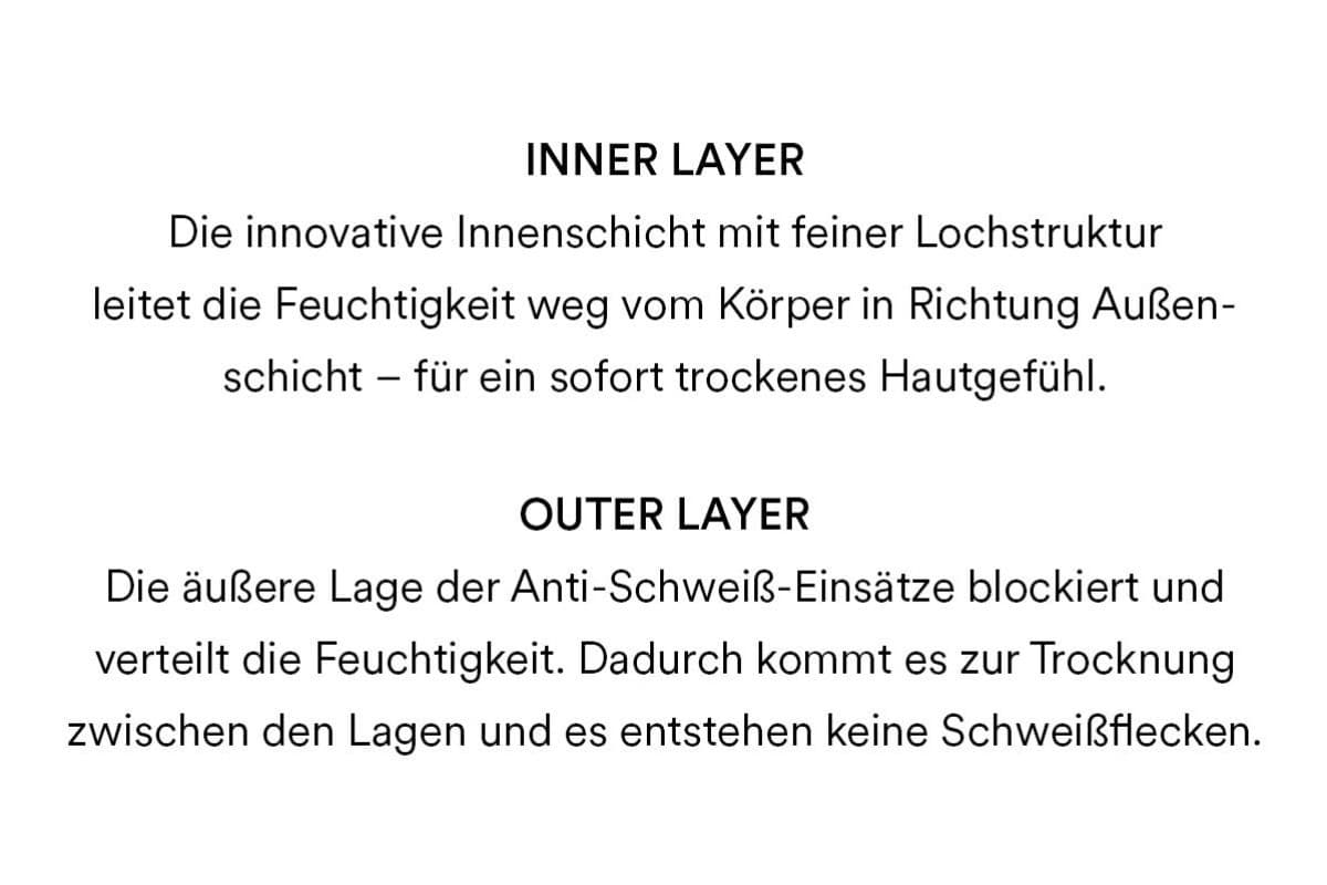 Inner Layer: Die innovative Innenschicht mit feiner Lochstruktur leitet die Feuchtigkeit weg vom Körper in Richtung Außenschicht - für ein sofort trockenes Hautgefühl. Outer Layer: Die äußere Lage der Anti-Schweiß-Einsätze blockiert und verteilt die Feuchtigkeit. Dadurch kommt es zu Trocknung zwischen den Lagen und es entstehen keine Schweißflecken.