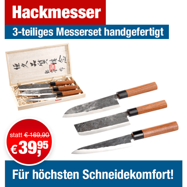 PEARL Messer: 3-teiliges Messerset, handgefertigt, mit Echtholzgriff (Hackmesser, Asia Messer) Durchschnittliche 